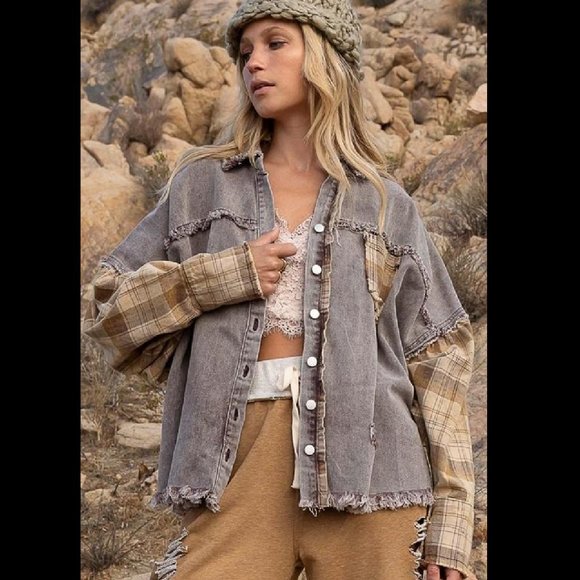 POL Oversized Casual Mocha Plaid Shacket - Picture 2 of 10